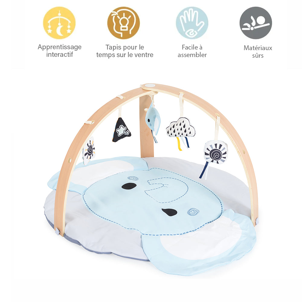 Tapis d’éveil éléphant en bois avec arche et jouets suspendus