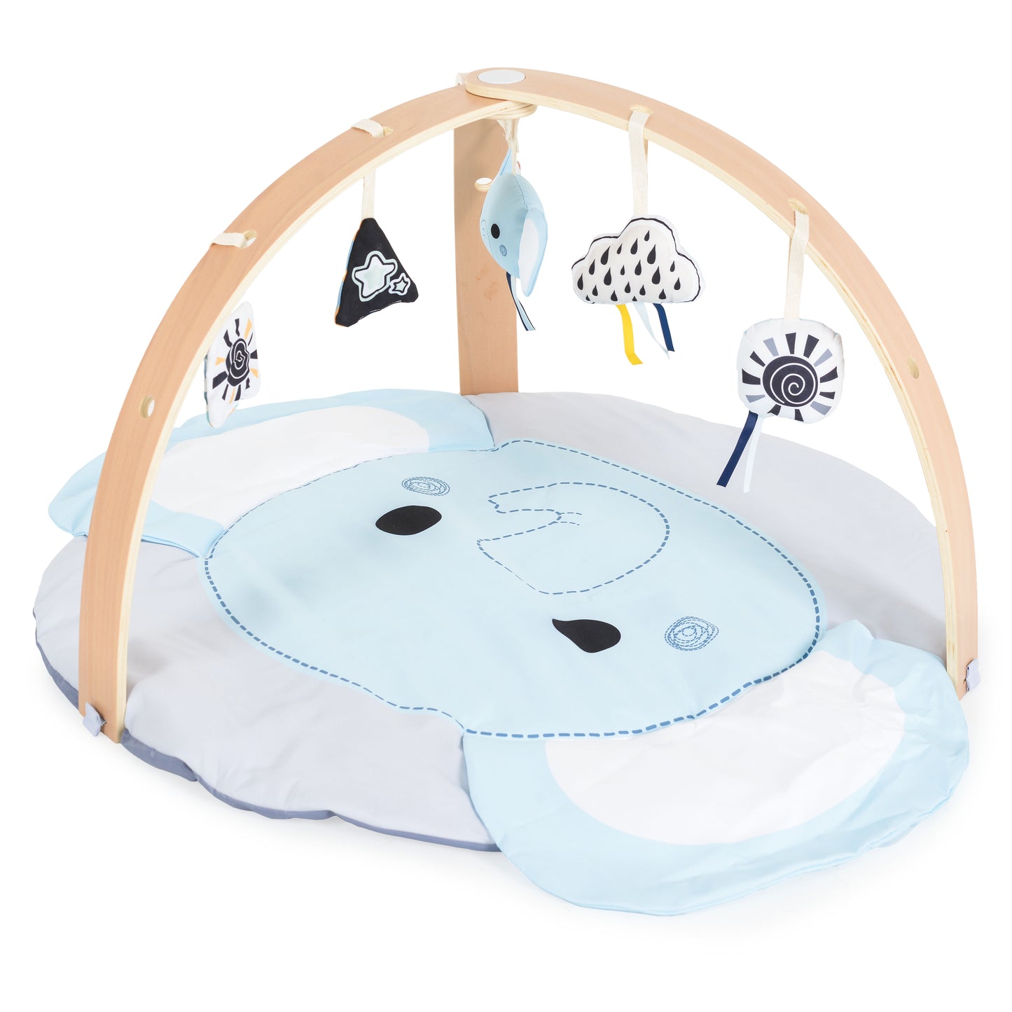 Tapis d’éveil éléphant en bois avec arche et jouets suspendus