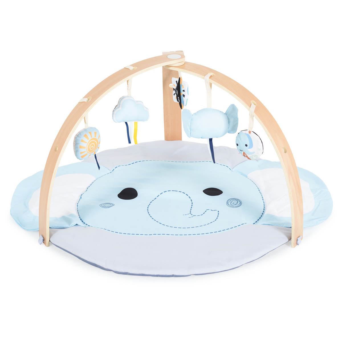 Tapis d’éveil éléphant en bois avec arche et jouets suspendus